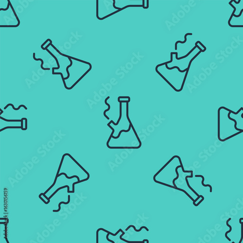 Black line Glass bong for smoking marijuana or cannabis icon isolated seamless pattern on green background. Vector
