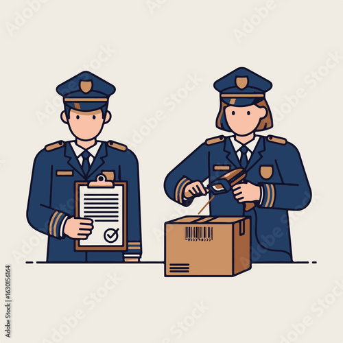 Two uniformed officers, one male holding a clipboard and one female scanning a barcode on a package, representing customs or logistics operations.