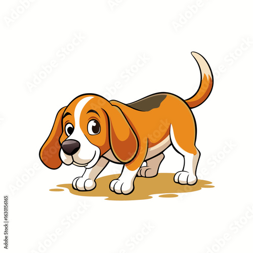 A curious beagle sniffing the ground with tail wagging.