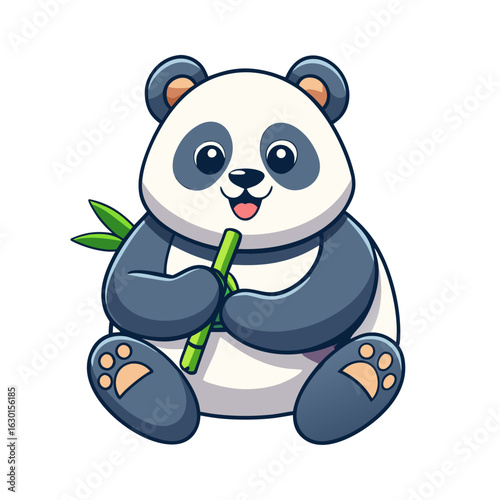 A chubby panda sitting contentedly while munching on bamboo.