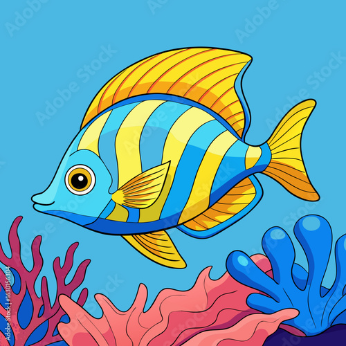 A vibrant tropical fish gliding through coral, fins flowing like silk, shimmering scales in electric blues and yellows.