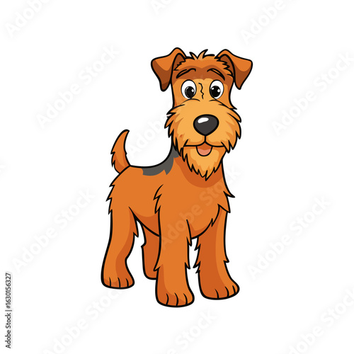 A spirited Airedale Terrier standing alert with wiry coat.