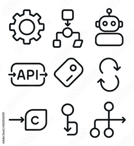 Workflow Automation Icons. Outline icon set of workflow automation: settings gear, process chart, trigger icon