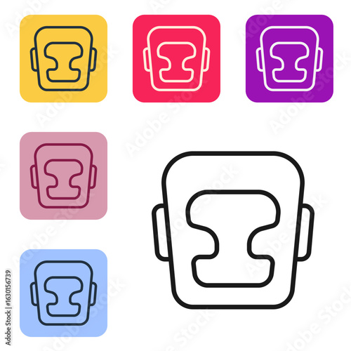 Black line Boxing helmet icon isolated on white background. Set icons in color square buttons. Vector