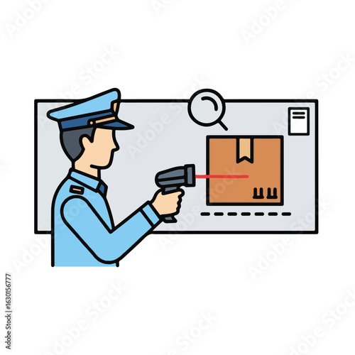 A uniformed officer uses a handheld laser scanner to inspect a cardboard package.