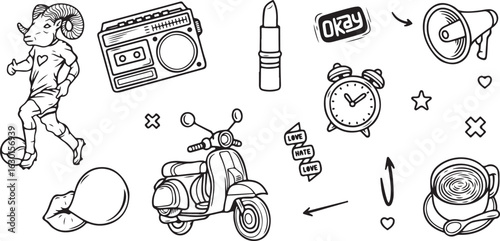 Fashion & Scooter Doodle Set – Lipstick, Sunglasses, Mirror, Bike, Beauty Elements in Hand-Drawn Style