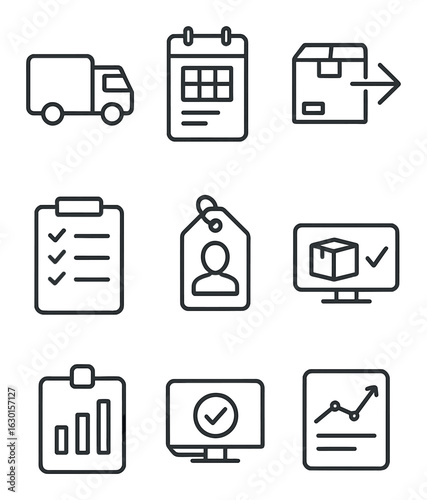 Operations Workflow Icons. Outline icon set of operations workflow: logistics icon, scheduling file, supply