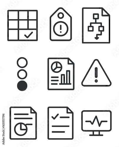 Risk Management Icons. Outline icon set of risk workflow: risk matrix, issue tag, mitigation plan, alert icon,