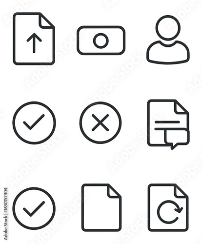 Approval Process Icons. Outline icon set of approval process: submission icon, pending tag, approver avatar,