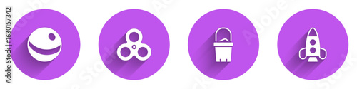 Set Beach ball, Fidget spinner, Sand bucket and Rocket ship toy icon with long shadow. Vector