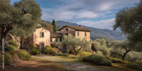 Fototapeta Naklejka Na Ścianę i Meble -  Villagers painting the stucco walls of a Tuscan villa nestled among olive groves