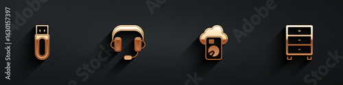Set USB flash drive, Headphones, Cloud database and Archive papers drawer icon with long shadow. Vector
