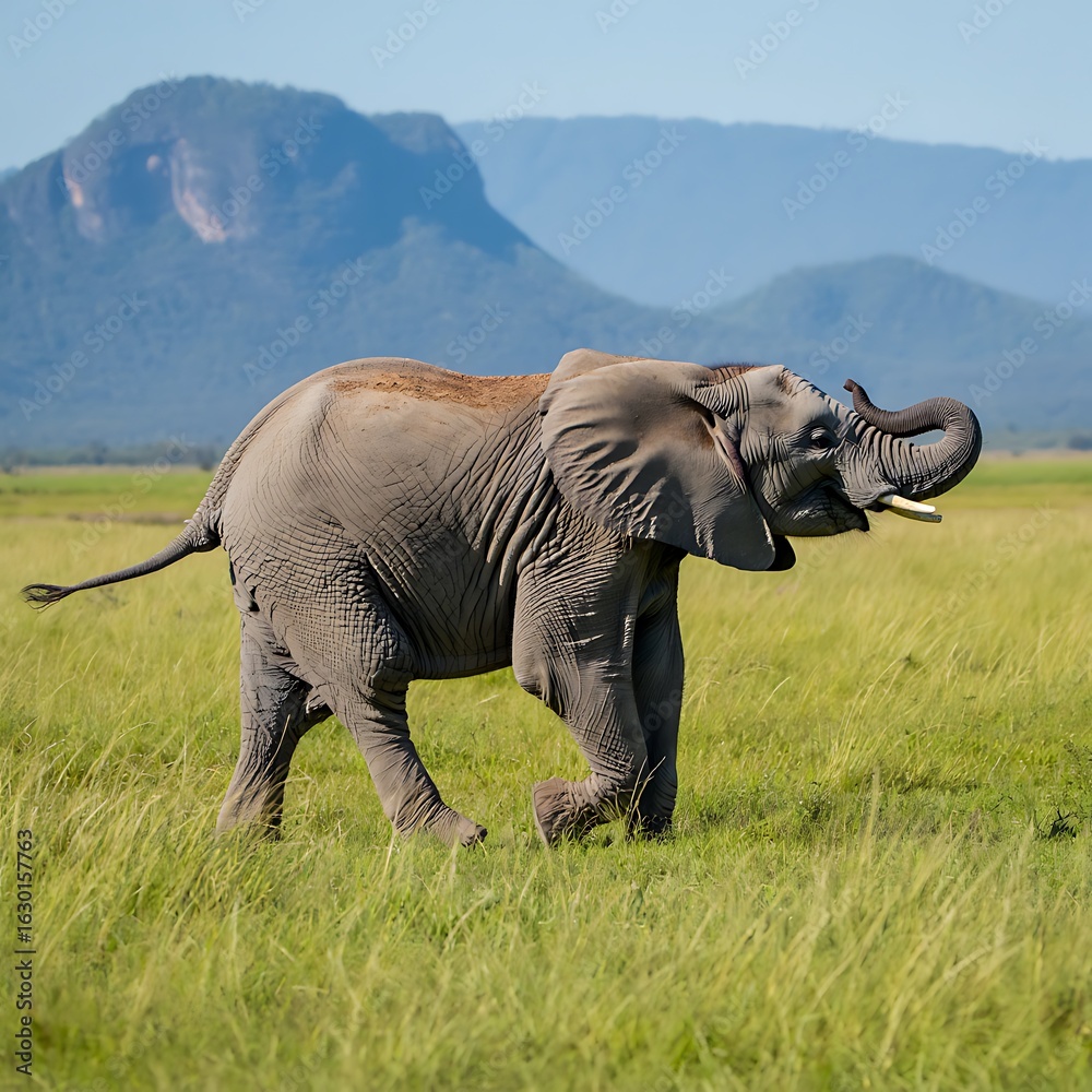 Fototapeta premium Majestic elephant gracefully strides through lush African savanna with mountain backdrop on sunny day