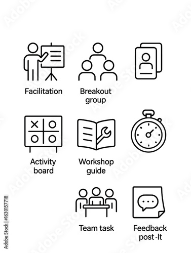 Workshop Icon Set. Outline icon set of workshop sessions: facilitation icon, breakout group, role cards, timer