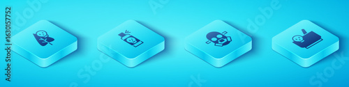Set Isometric Poison flower, Spray against insects, Mortar and pestle and Gas mask icon. Vector