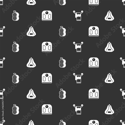 Set Towel on hanger, Sauna hat, Washcloth and Bathroom scales on seamless pattern. Vector