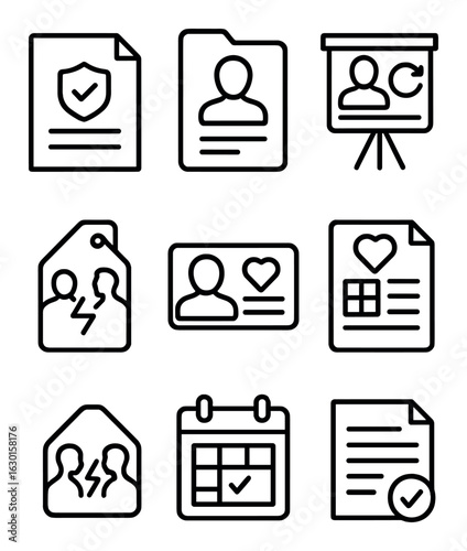 HR Icons Line Set. Outline icon set of HR team meetings: policy icon, employee file, update board, benefits