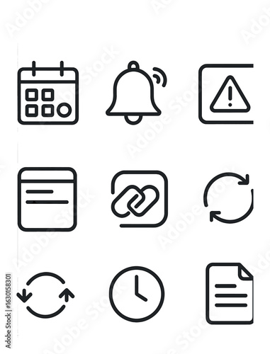 Meeting Reminder Icons. Outline icon set of meeting reminders: calendar ping, bell icon, pop-up alert, join