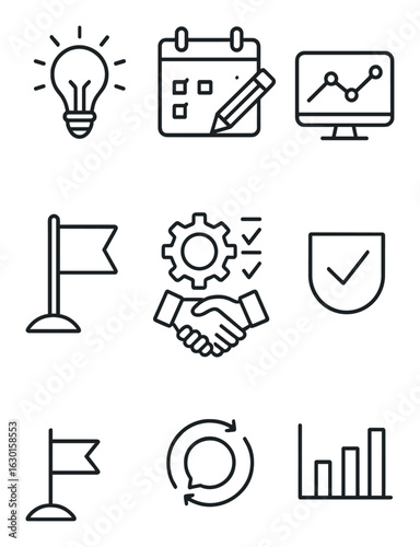 Project Lifecycle Icons. Outline icon set of project lifecycle: initiation icon, planning phase, execution