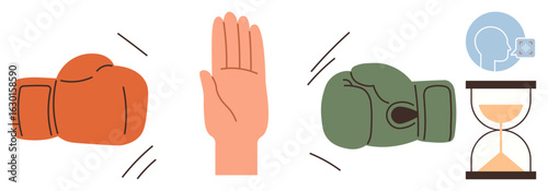 Boxing gloves, open hand, hourglass, and speaking profile emphasizing communication, conflict resolution, negotiation, time management, diplomacy, teamwork and patience in a simple flat metaphor