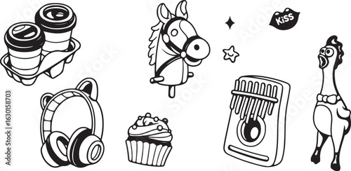 Baby and Toy Doodle Set – Pacifier, Rattle, Unicorn, Horse Toy, Bottle, Infant, Baby Care, Cartoon, Cute, Line Art, Kids, Nursery, Newborn, Hand-Drawn, Minimalist