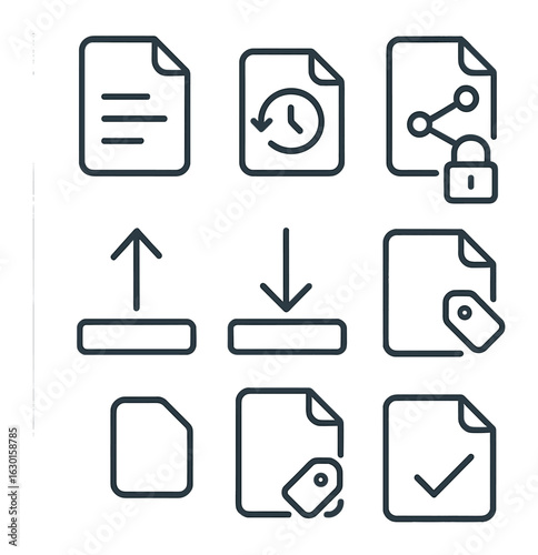 Document Management Icons. Outline icon set of document management: file icon, version history, shared doc,