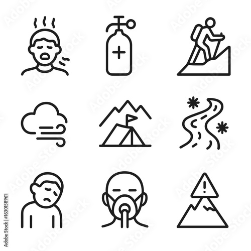 High-Altitude Challenge Icons. Outline icon set of high-altitude challenges: altitude sickness, oxygen tank, steep slope, thin air