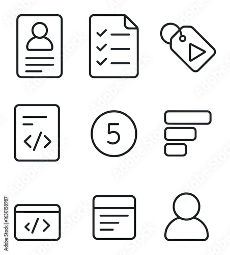 Backlog Management Icons. Outline icon set of backlog management: user story, feature list, sprint tag,