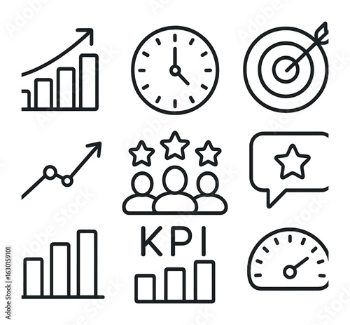 Team Performance Icons. Outline icon set of team performance: productivity chart, hours worked, goal met,