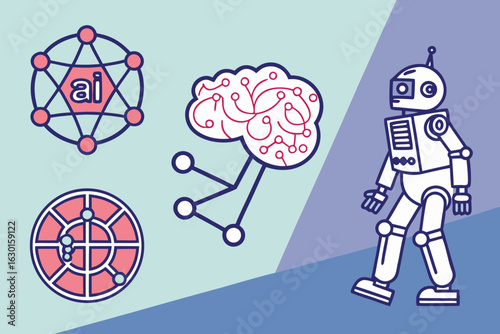 Illustration showing artificial intelligence network brain circuit and a walking robot design concept