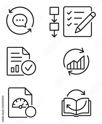 Continuous Improvement Icons. Outline icon set of continuous improvement: feedback loop, process icon, test