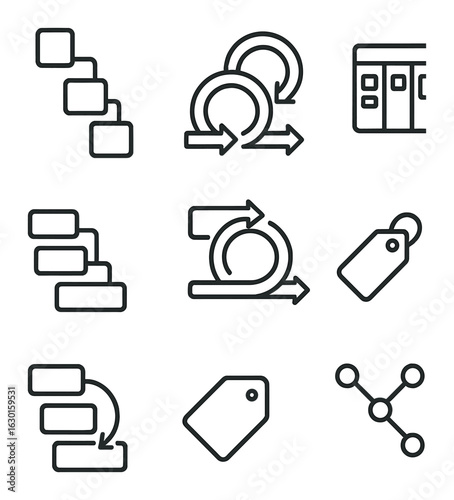 Project Methodologies Icons. Outline icon set of PM methodologies: Waterfall model, Agile flow, Scrum cycle,