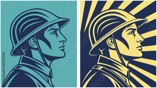 Stylized Portrait of a Soldier in a Helmet Side Profile.