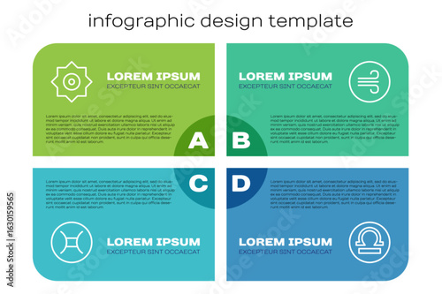 Set line Gemini zodiac, Falling star, Libra and Windy weather. Business infographic template. Vector