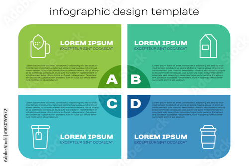 Set line Cup with tea bag, of lemon, and Paper package for milk. Business infographic template. Vector