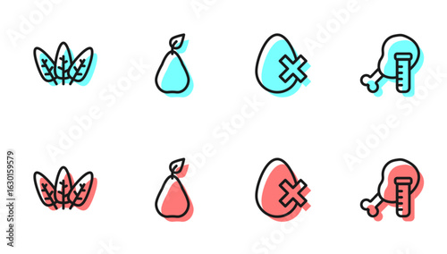 Set line No egg, Leaf, Pear and Genetically modified chicken icon. Vector