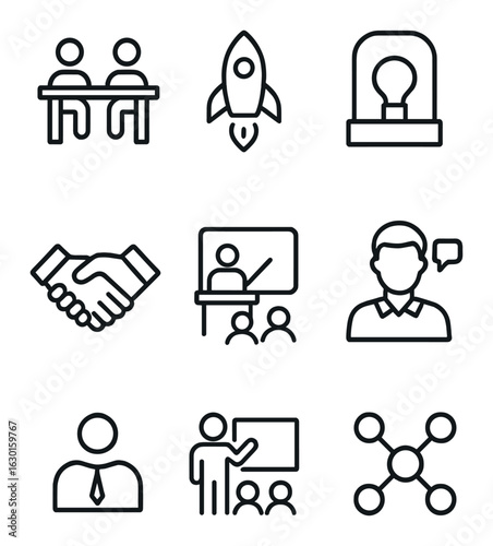 Startup Icons Set. Outline icon set of startup ecosystem: co-working icon, accelerator rocket, incubator icon,