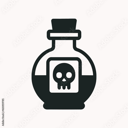Poison Bottle Illustration: Black and White Skull Symbol on a Vector Graphic Design, Minimalist Style