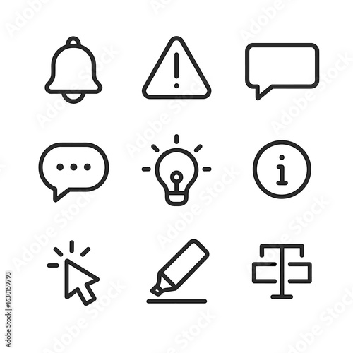 Hint Notification Icons. Outline icon set of hint notifications: notification bell, alert triangle, popup message, chat bubble