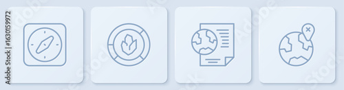 Set line Compass, Earth globe with document, Soil analysis and Location on the. White square button. Vector