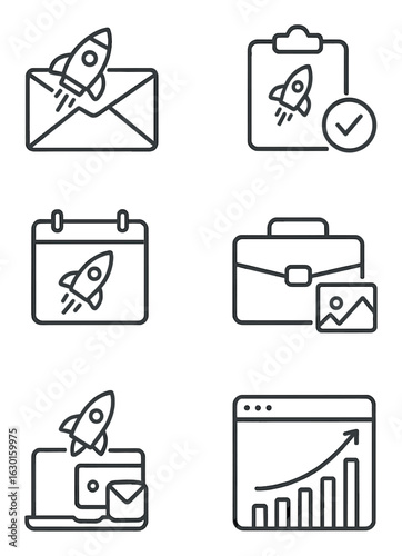 Launch Strategy Icons. Outline icon set of launch strategy: prelaunch email, teaser page, waitlist icon,