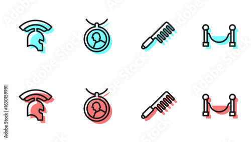 Set line Hairbrush, Roman army helmet, Locket on necklace and Rope barrier icon. Vector