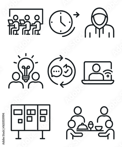 Startup Culture Icons. Outline icon set of startup culture: open office, flexible hours, hoodie icon,