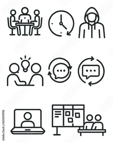 Startup Culture Icons. Outline icon set of startup culture: open office, flexible hours, hoodie icon,