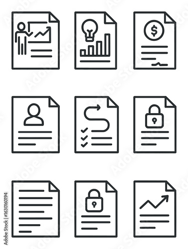 Startup Documents Icons. Outline icon set of startup documentation: pitch deck, business plan, financial sheet