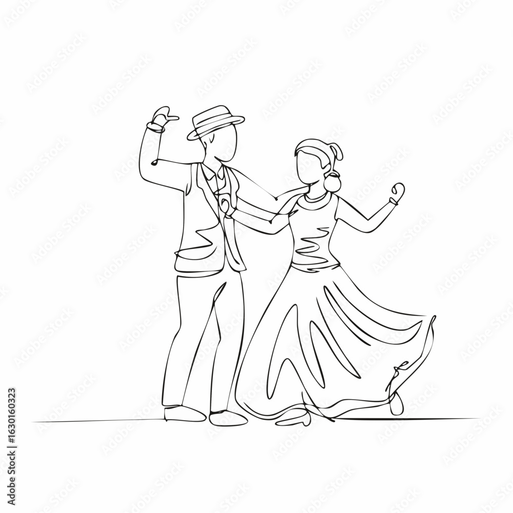 Fototapeta premium Elegant one line art illustration of a couple dancing joyfully in vintage attire with a man in a hat and a woman in a flowing dress.