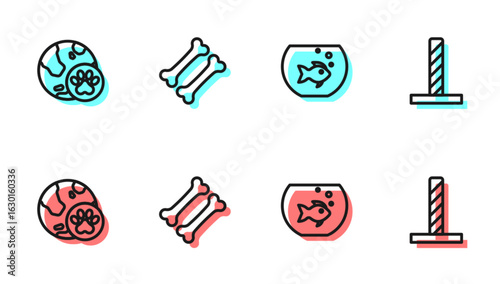 Set line Aquarium with fish, World pet, Dog bone and Cat scratching post toy icon. Vector