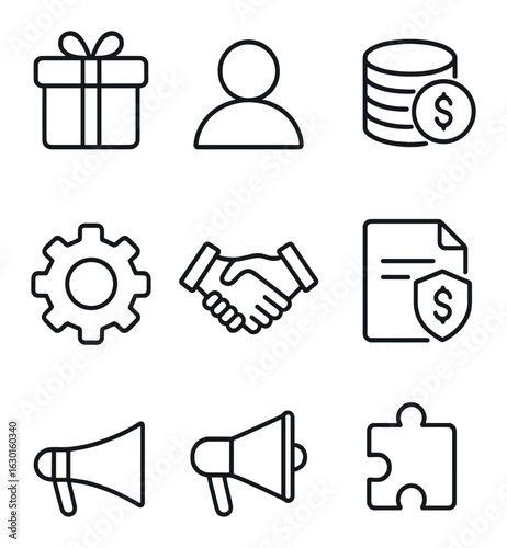 Business Canvas Icons. Outline icon set of business canvas: value proposition, customer segment, revenue