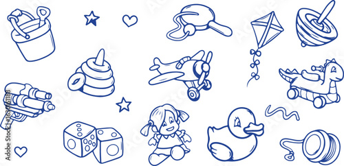 Animal and Pet Doodle Set – Puppy, Bones, Cute Animals, Paw Prints, Dog, Blue Ink, Cartoon Style, Pets, Dog Bone, Hand-Drawn, Adorable, Illustration, Companion, Playful, Sketch, Puppy Love