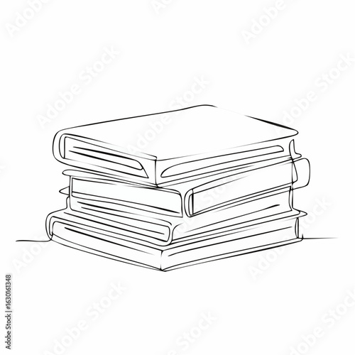 A simple continuous line drawing of a stack of four hardcover books on a white background, representing knowledge and education.